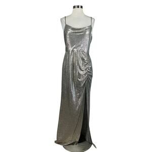Avery G Women's Formal Dress Size 8 Light Gold Metallic Knit Thigh Slit Gown